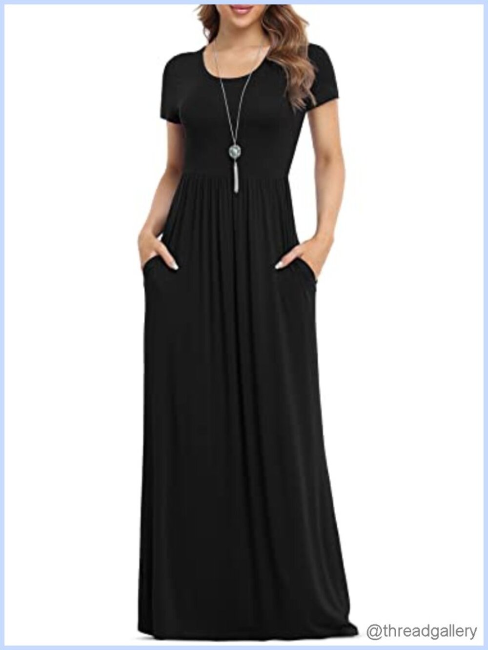 Short Sleeve Loose Plain Maxi Dress Casual Long with Pockets